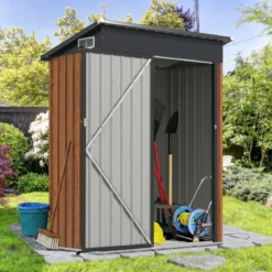 Gartenhaus Metall 150 x 90,5 x 185 cm 1,5 m³ Gerätehaus mit Pultdach Braun/Grün/Hellgrau/Dunkelgrau