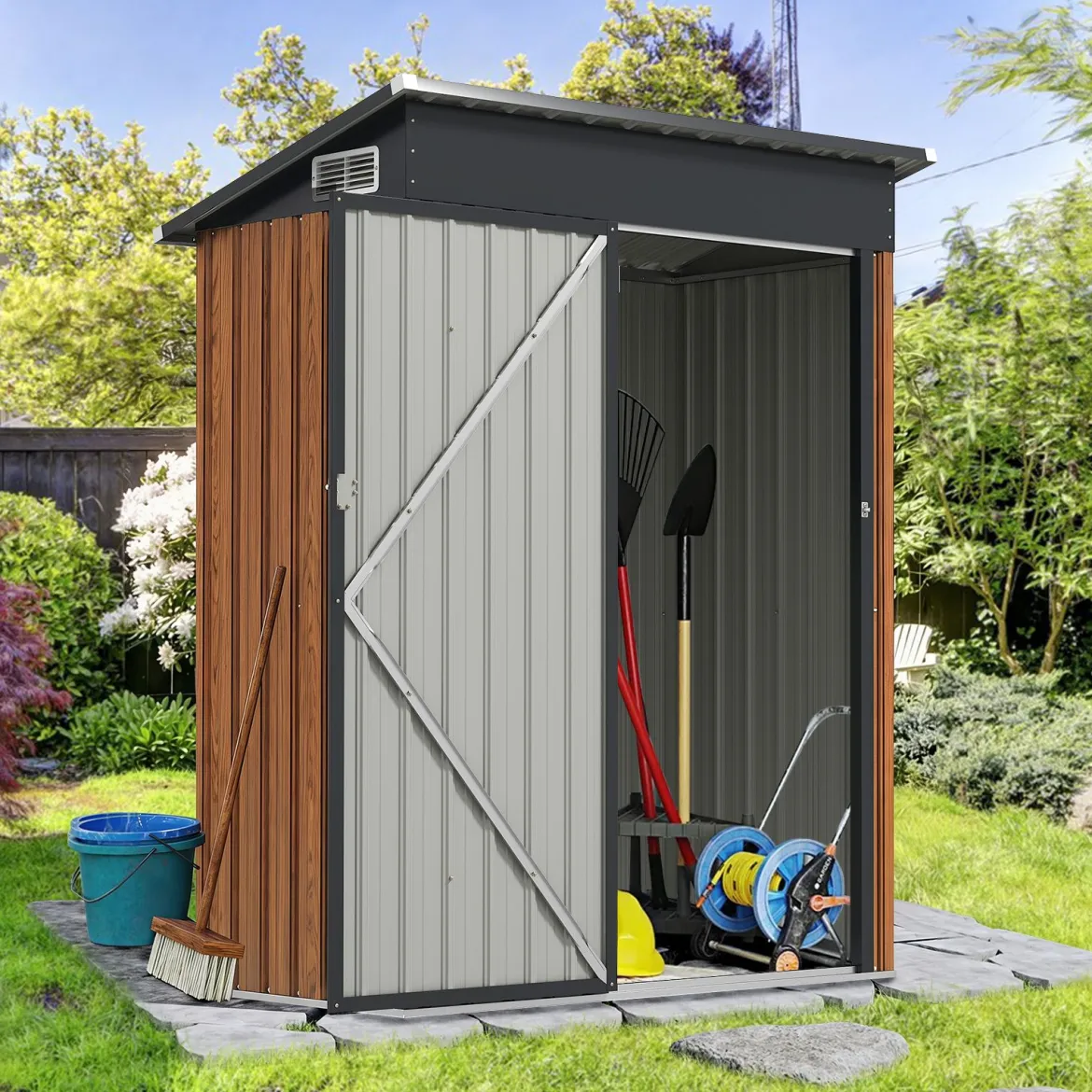 Gartenhaus Metall 150 x 90,5 x 185 cm 1,5 m³ Gerätehaus mit Pultdach Braun/Grün/Hellgrau/Dunkelgrau