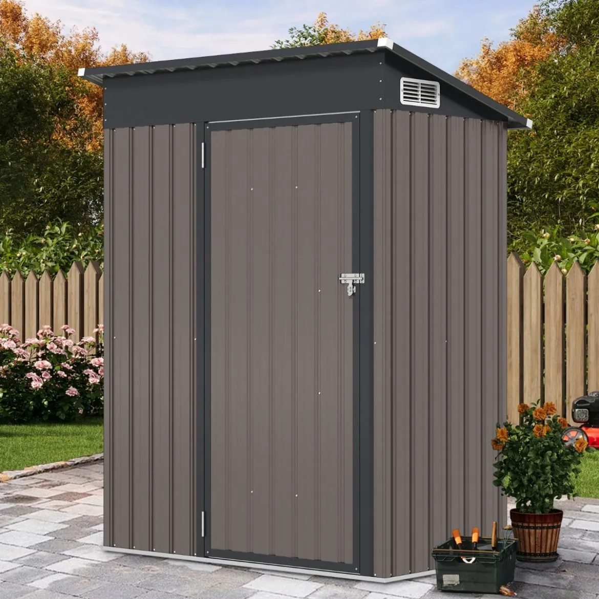Gartenhaus Metall 150 x 90,5 x 185 cm 1,5 m³ Gerätehaus mit Pultdach Braun/Grün/Hellgrau/Dunkelgrau