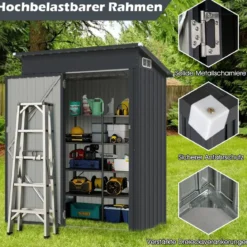 Gartenhaus Metall 150 x 90,5 x 185 cm 1,5 m³ Gerätehaus mit Pultdach Braun/Grün/Hellgrau/Dunkelgrau