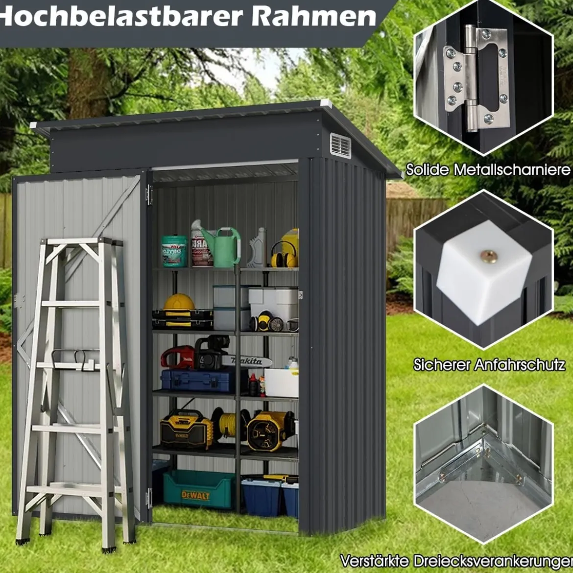 Gartenhaus Metall 150 x 90,5 x 185 cm 1,5 m³ Gerätehaus mit Pultdach Braun/Grün/Hellgrau/Dunkelgrau