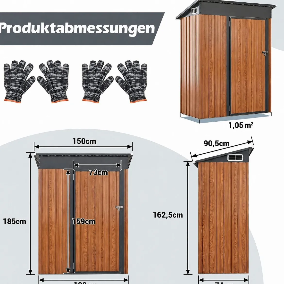 Gartenhaus Metall 150 x 90,5 x 185 cm 1,5 m³ Gerätehaus mit Pultdach Braun/Grün/Hellgrau/Dunkelgrau