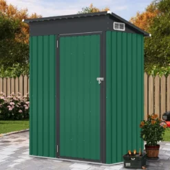 Gartenhaus Metall 150 x 90,5 x 185 cm 1,5 m³ Gerätehaus mit Pultdach Braun/Grün/Hellgrau/Dunkelgrau