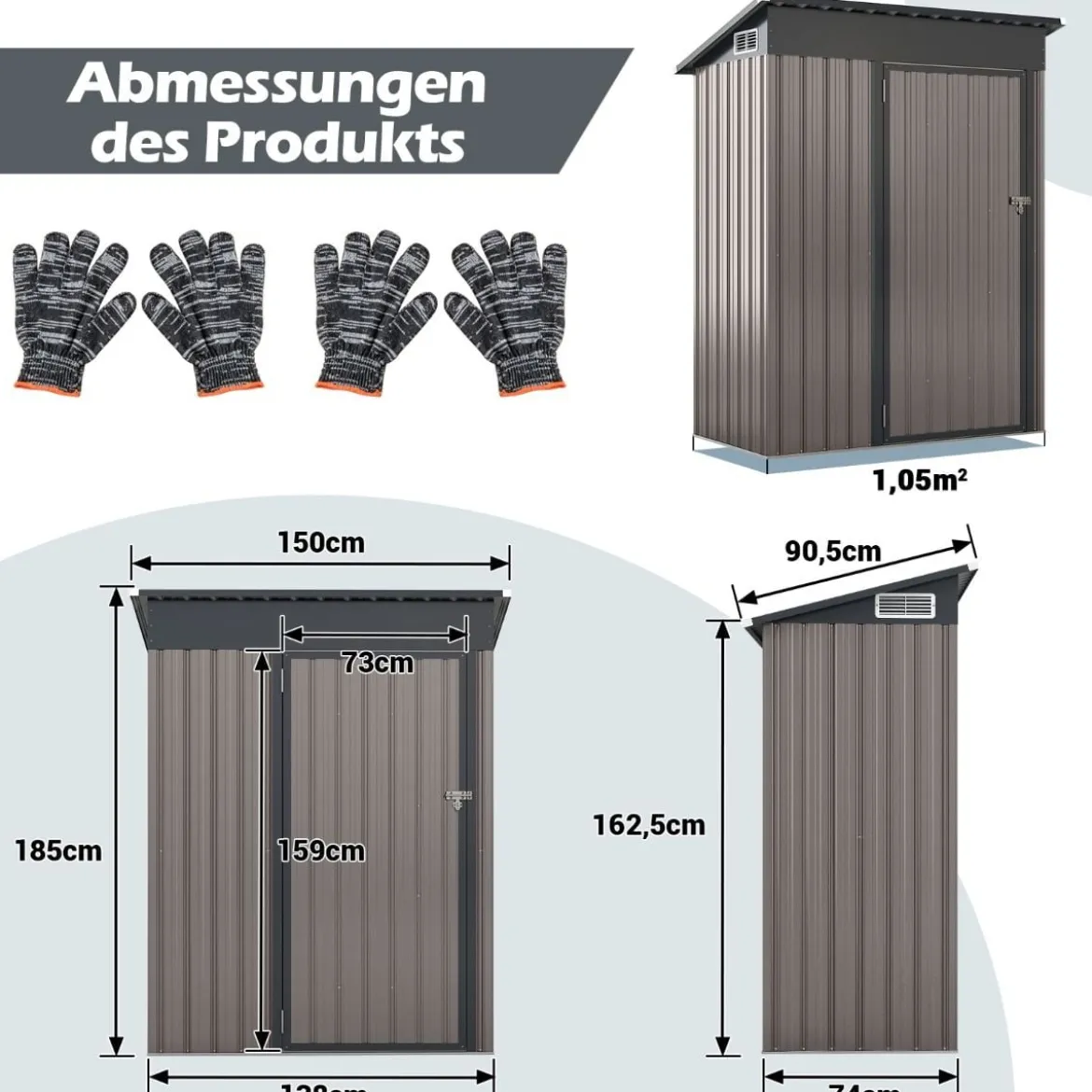 Gartenhaus Metall 150 x 90,5 x 185 cm 1,5 m³ Gerätehaus mit Pultdach Braun/Grün/Hellgrau/Dunkelgrau