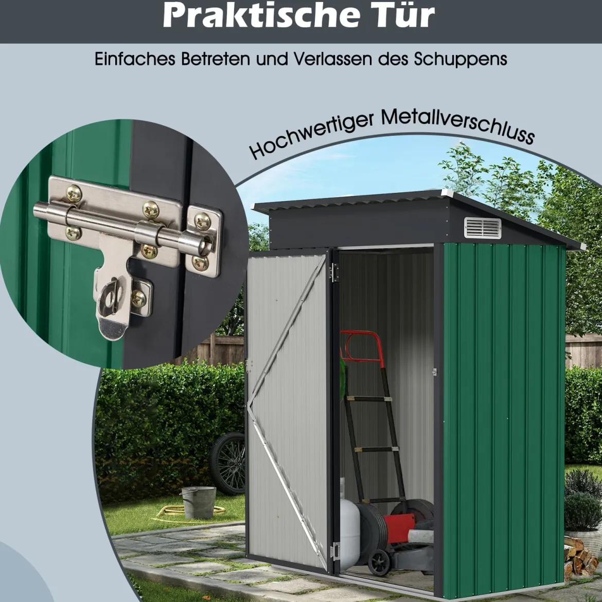 Gartenhaus Metall 150 x 90,5 x 185 cm 1,5 m³ Gerätehaus mit Pultdach Braun/Grün/Hellgrau/Dunkelgrau