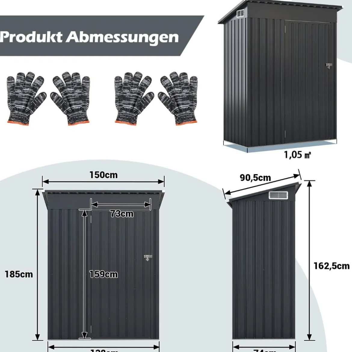 Gartenhaus Metall 150 x 90,5 x 185 cm 1,5 m³ Gerätehaus mit Pultdach Braun/Grün/Hellgrau/Dunkelgrau