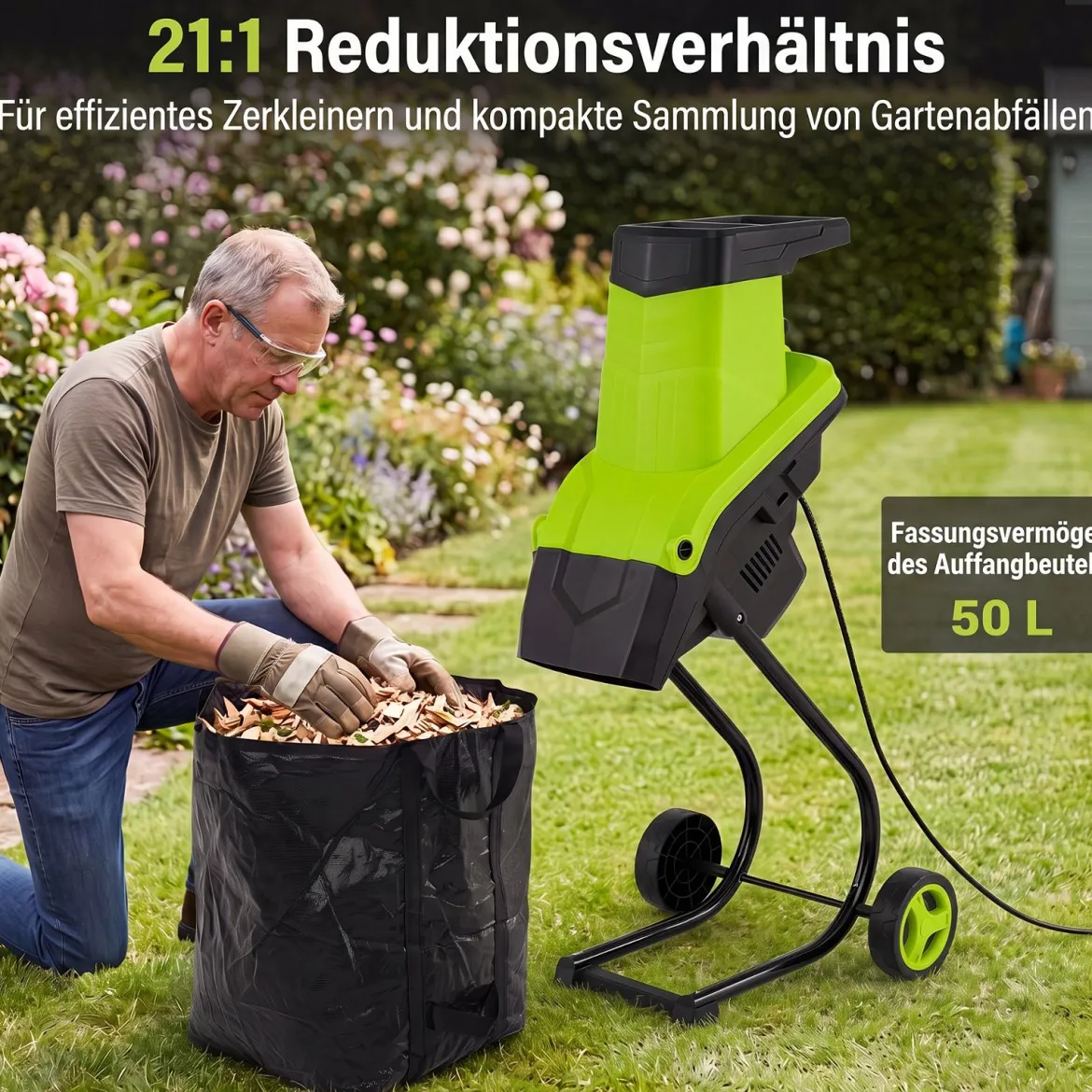 Gartenhäcksler Elektrisch 2500W Messerhäcksler für Äste bis 45 mm 21:1 Häckselverhältnis Grün