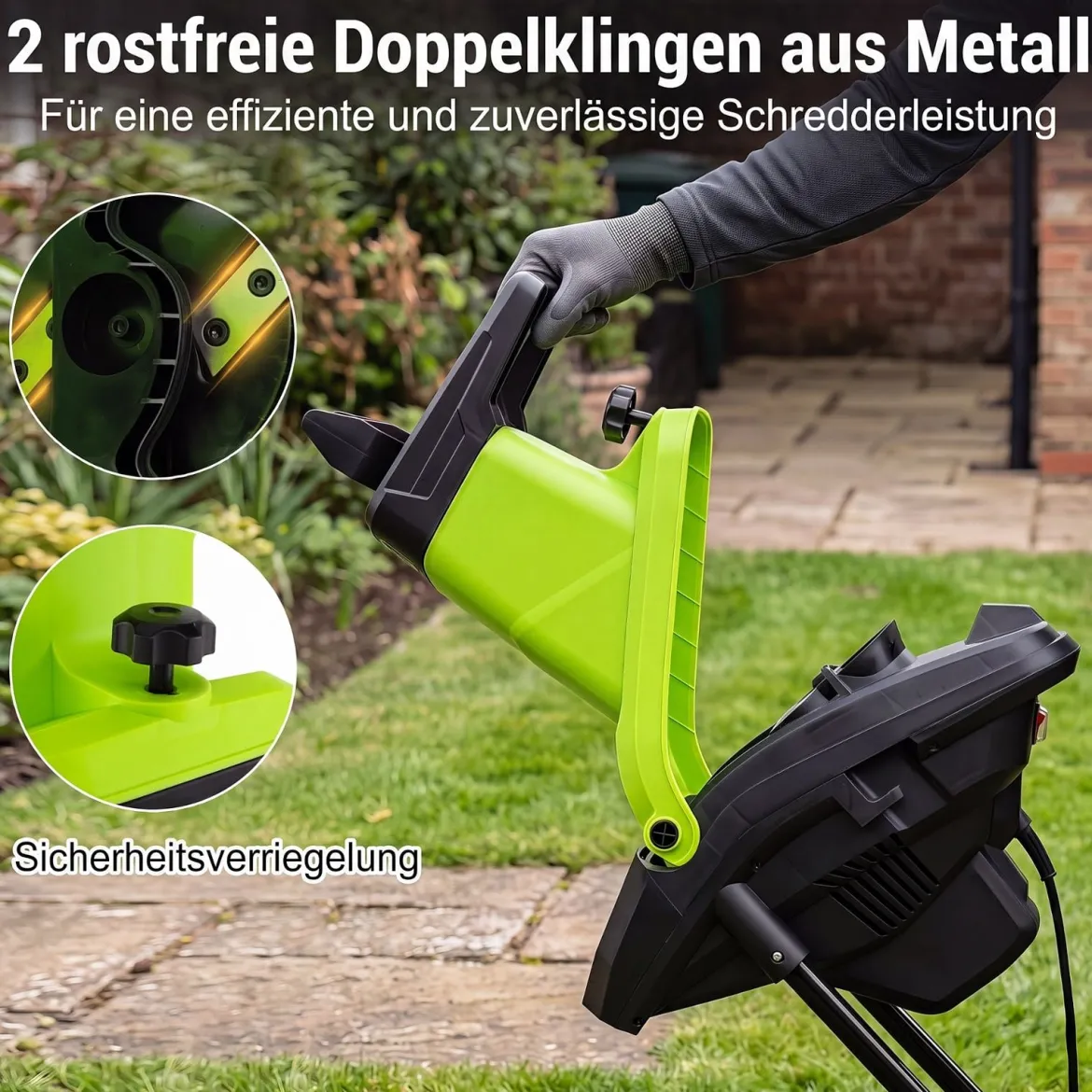 Gartenhäcksler Elektrisch 2500W Messerhäcksler für Äste bis 45 mm 21:1 Häckselverhältnis Grün