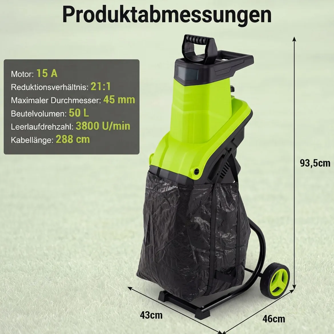 Gartenhäcksler Elektrisch 2500W Messerhäcksler für Äste bis 45 mm 21:1 Häckselverhältnis Grün