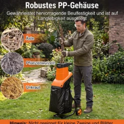 Gartenhäcksler Elektrisch 2500W Messerhäcksler für Äste bis 45 mm 21:1 Häckselverhältnis Orange