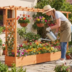 Gartenhochbeet mit Rankgitter freistehender Pflanzkasten aus Fichtenholz mit Hängedach Orange 220 x 35 x 114 cm