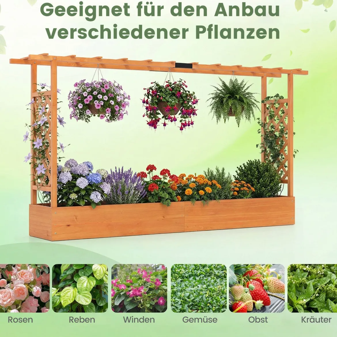 Gartenhochbeet mit Rankgitter freistehender Pflanzkasten aus Fichtenholz mit Hängedach Orange 220 x 35 x 114 cm
