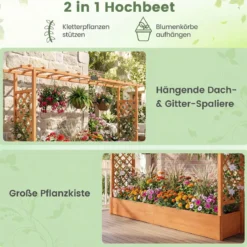 Gartenhochbeet mit Rankgitter freistehender Pflanzkasten aus Fichtenholz mit Hängedach Orange 220 x 35 x 114 cm