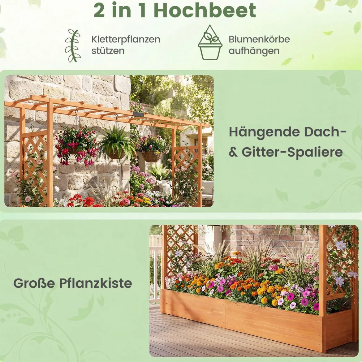 Gartenhochbeet mit Rankgitter freistehender Pflanzkasten aus Fichtenholz mit Hängedach Orange 220 x 35 x 114 cm