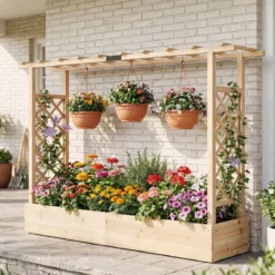 Gartenhochbeet mit Rankgitter freistehender Pflanzkasten aus Fichtenholz mit Hängedach Natur 220 x 35 x 114 cm