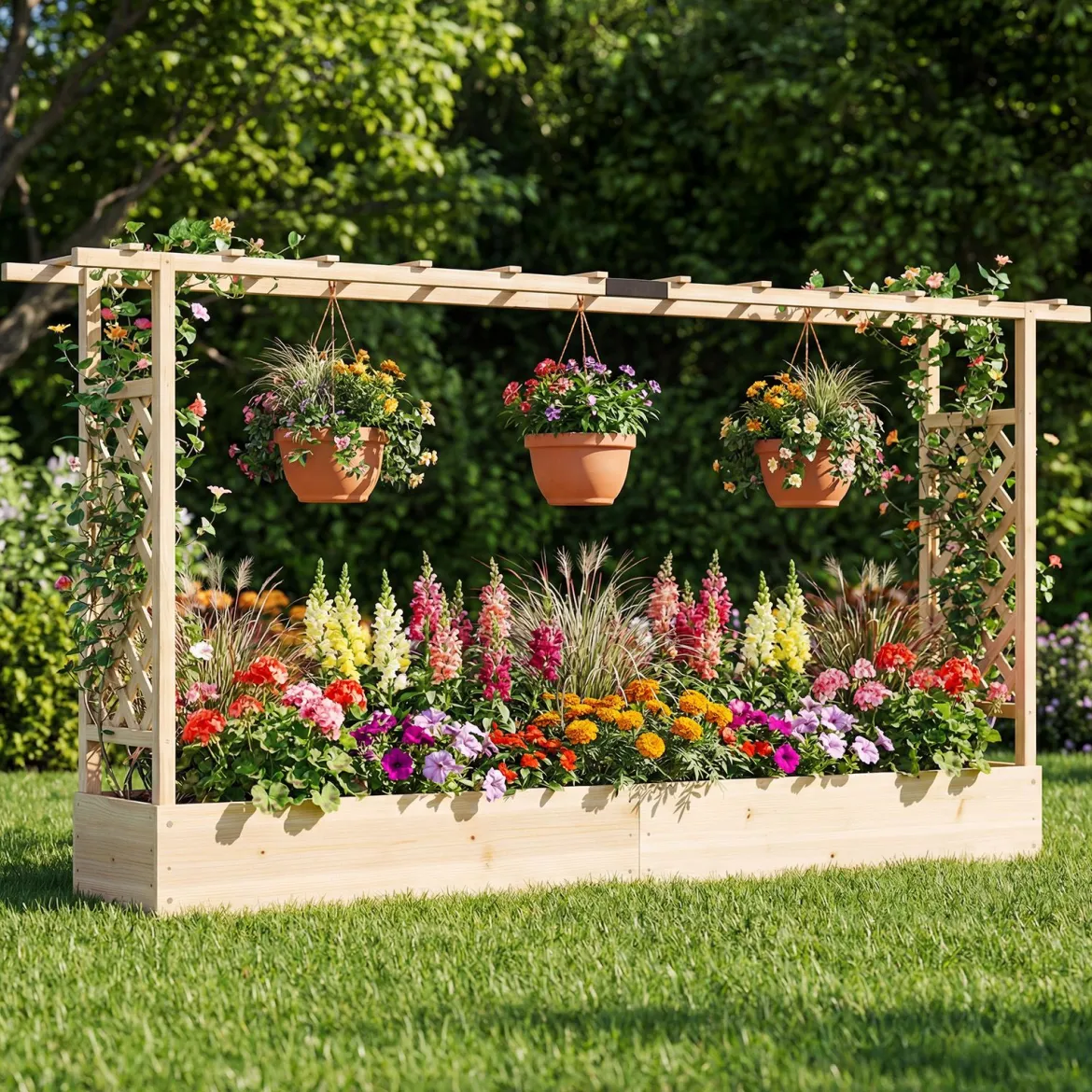 Gartenhochbeet mit Rankgitter freistehender Pflanzkasten aus Fichtenholz mit Hängedach Natur 220 x 35 x 114 cm