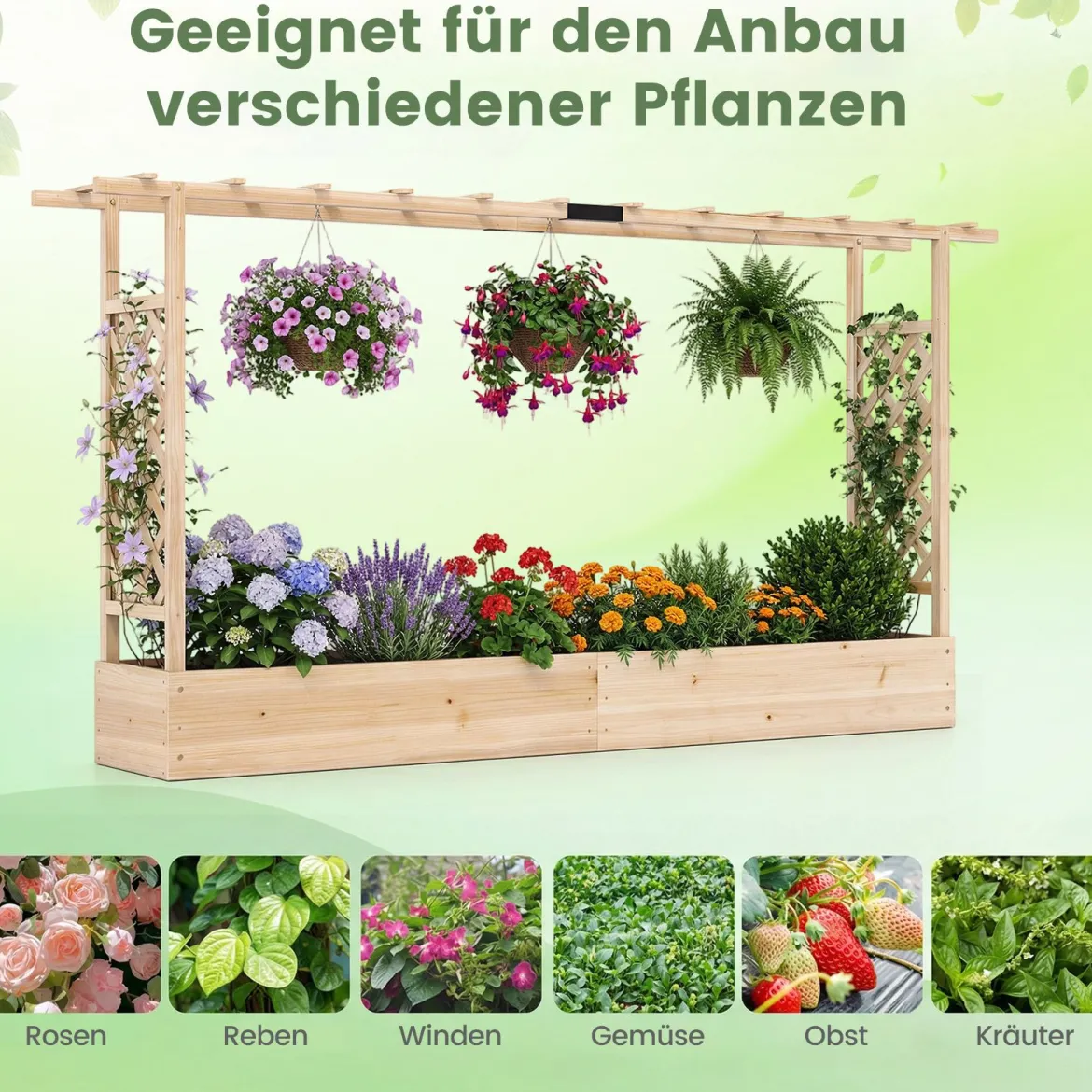 Gartenhochbeet mit Rankgitter freistehender Pflanzkasten aus Fichtenholz mit Hängedach Natur 220 x 35 x 114 cm