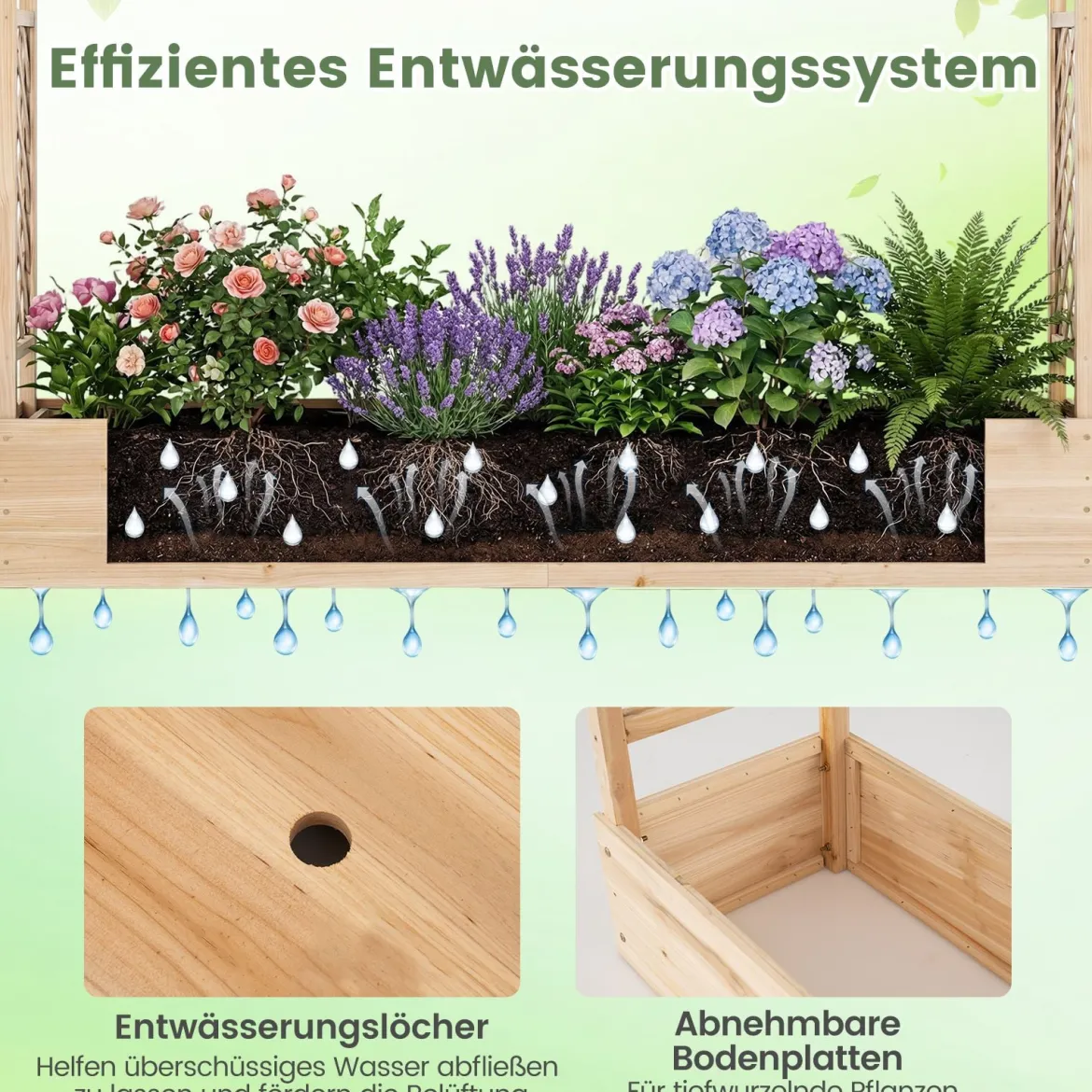 Gartenhochbeet mit Rankgitter freistehender Pflanzkasten aus Fichtenholz mit Hängedach Natur 220 x 35 x 114 cm