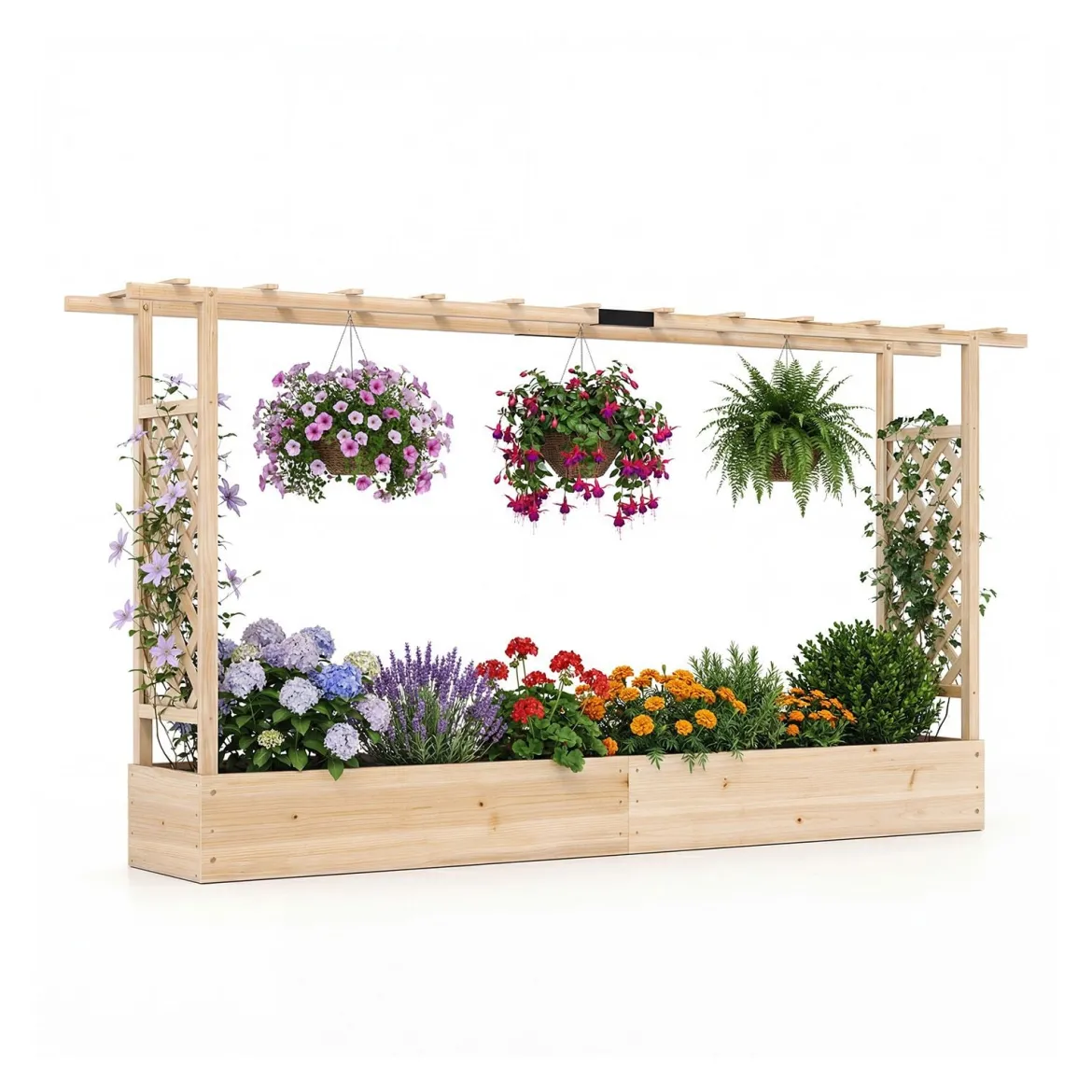 Gartenhochbeet mit Rankgitter freistehender Pflanzkasten aus Fichtenholz mit Hängedach Natur 220 x 35 x 114 cm