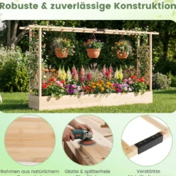Gartenhochbeet mit Rankgitter freistehender Pflanzkasten aus Fichtenholz mit Hängedach Natur 220 x 35 x 114 cm