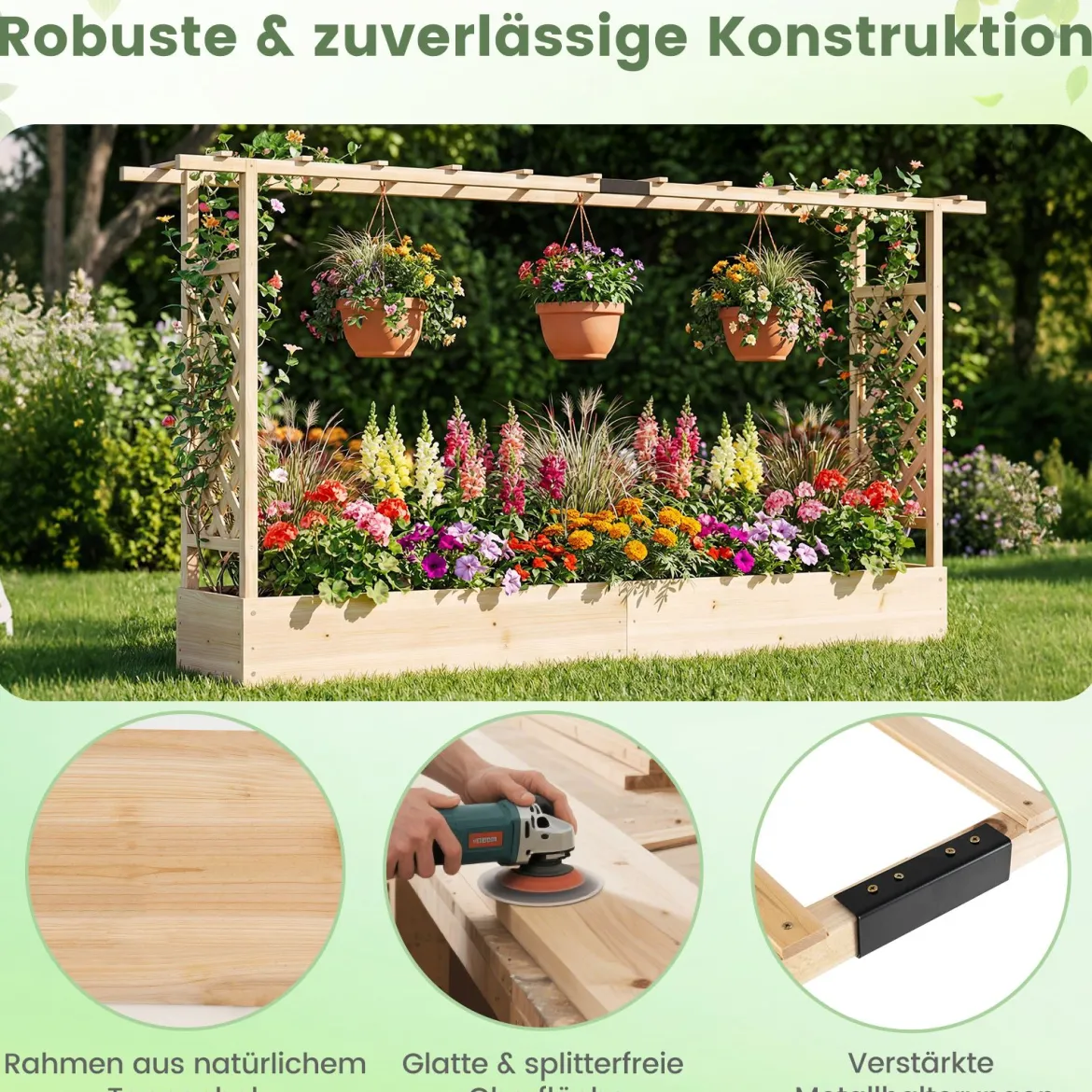 Gartenhochbeet mit Rankgitter freistehender Pflanzkasten aus Fichtenholz mit Hängedach Natur 220 x 35 x 114 cm