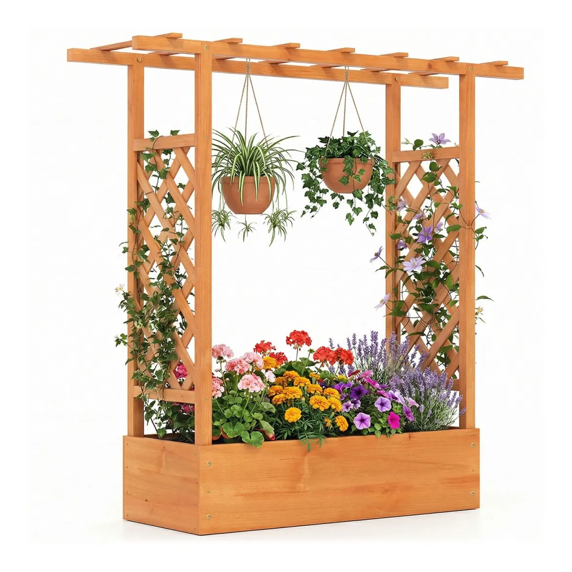 Gartenhochbeet mit Rankgitter freistehender Pflanzkasten aus Fichtenholz mit Hängedach Orange