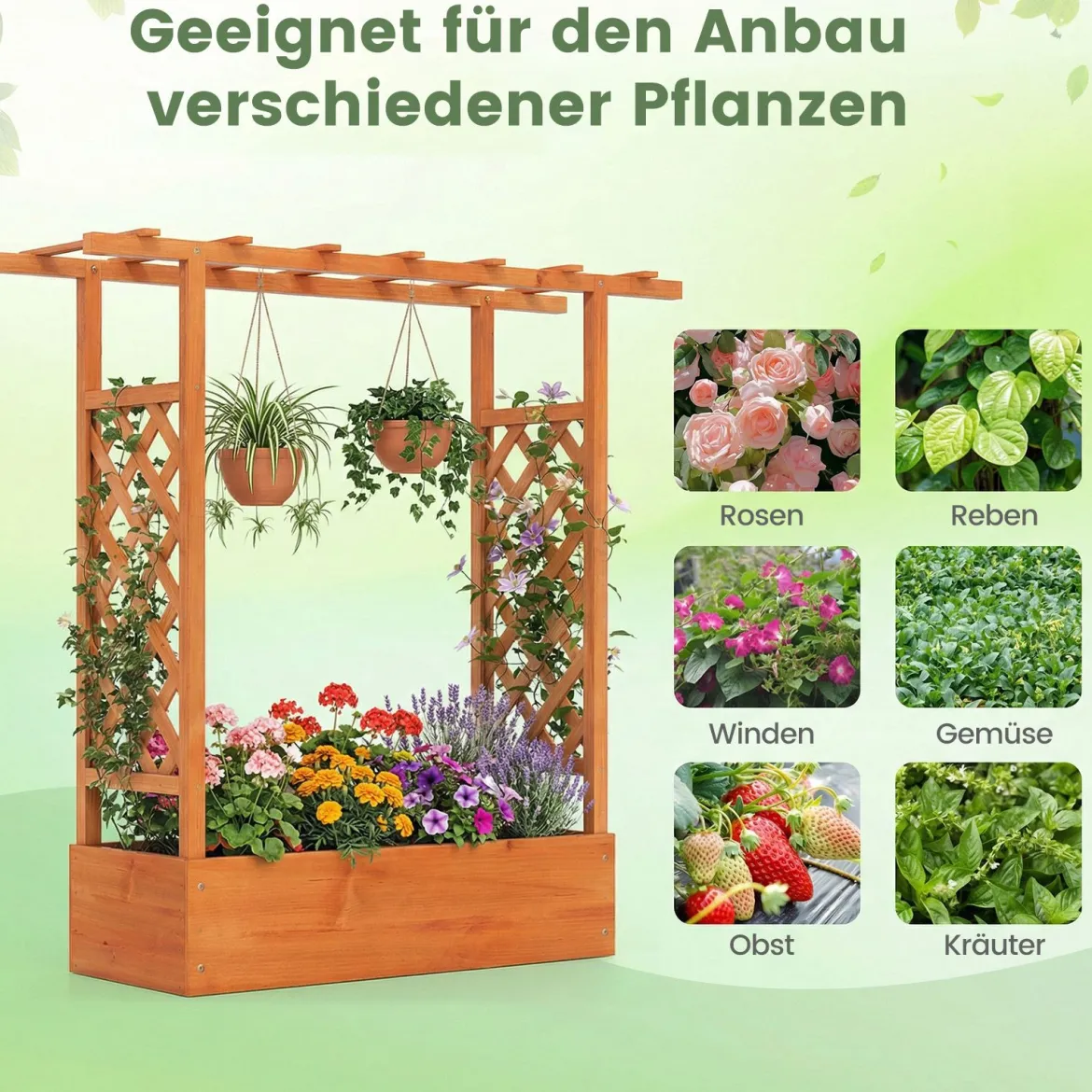 Gartenhochbeet mit Rankgitter freistehender Pflanzkasten aus Fichtenholz mit Hängedach Orange