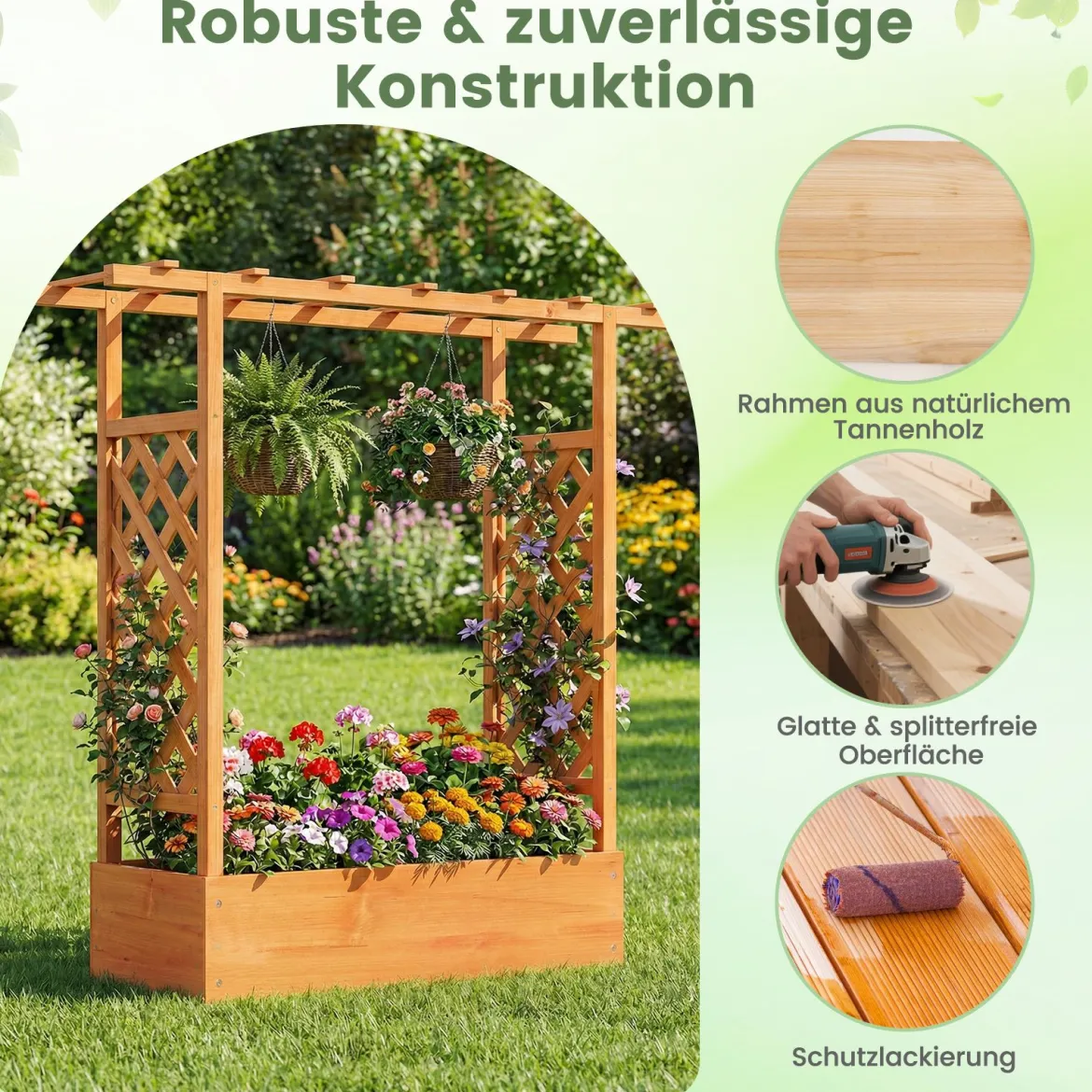 Gartenhochbeet mit Rankgitter freistehender Pflanzkasten aus Fichtenholz mit Hängedach Orange
