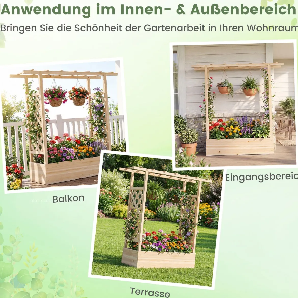 Gartenhochbeet mit Rankgitter freistehender Pflanzkasten aus Fichtenholz mit Hängedach Natur