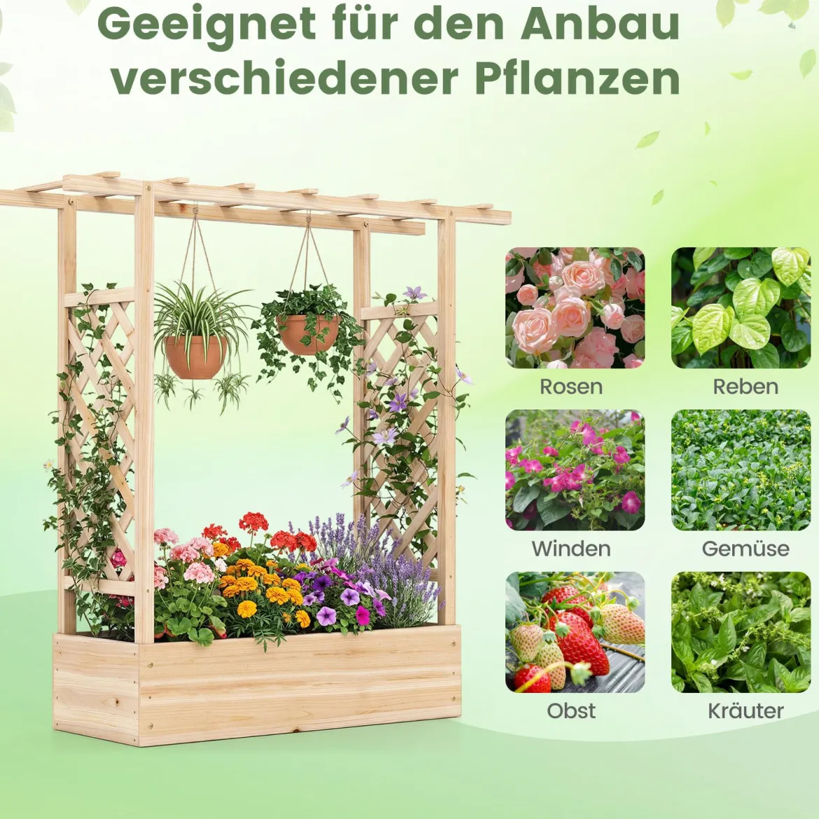 Gartenhochbeet mit Rankgitter freistehender Pflanzkasten aus Fichtenholz mit Hängedach Natur