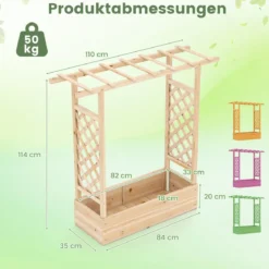 Gartenhochbeet mit Rankgitter freistehender Pflanzkasten aus Fichtenholz mit Hängedach Natur
