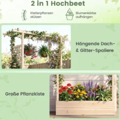 Gartenhochbeet mit Rankgitter freistehender Pflanzkasten aus Fichtenholz mit Hängedach Natur