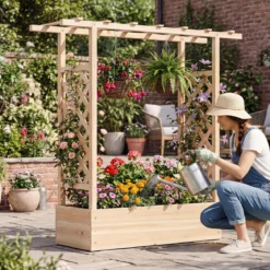 Gartenhochbeet mit Rankgitter freistehender Pflanzkasten aus Fichtenholz mit Hängedach Natur