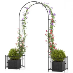 Gartenlauben mit 2 Pflanzkästen Bogen-Spalier mit Erdspießen für Kletterpflanzen Rosen Schwarz