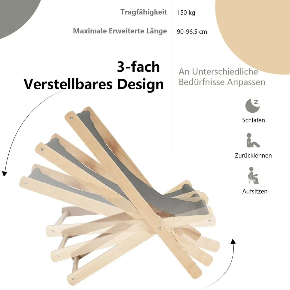 Gartenliege Klappbarer Holzstuhl mit Kissen für den Poolbereich Natur + Grau