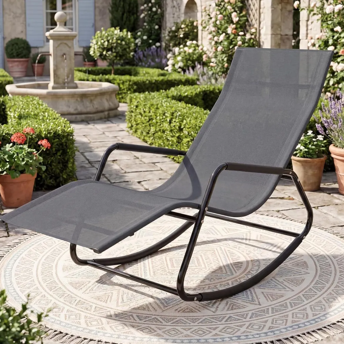 Gartenliege Wetterfest Ergonomischer Schaukelstuhl aus Atmungsaktivem Stoff 143 x 57 x 86 cm
