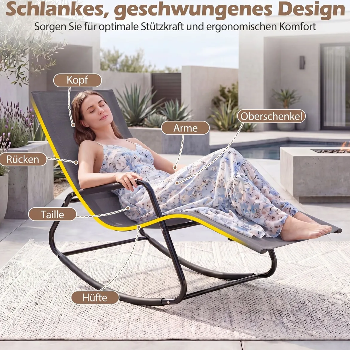 Gartenliege Wetterfest Ergonomischer Schaukelstuhl aus Atmungsaktivem Stoff 143 x 57 x 86 cm