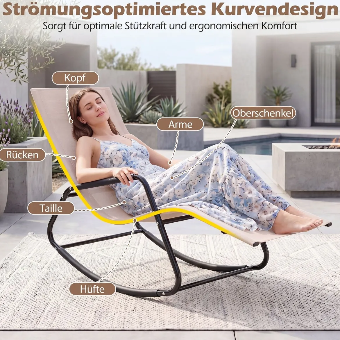 Gartenliege Wetterfest Ergonomischer Schaukelstuhl aus Atmungsaktivem Stoff 143 x 57 x 86 cm