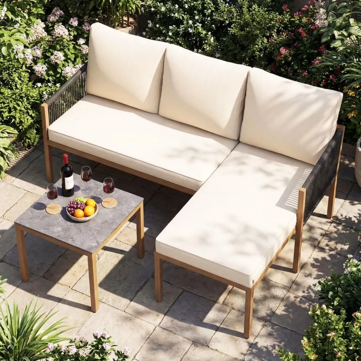 Gartenlounge mit Tisch & Kissen 3-teilige Sitzgruppe Gartenmöbel Sitzgarnitur für Garten
