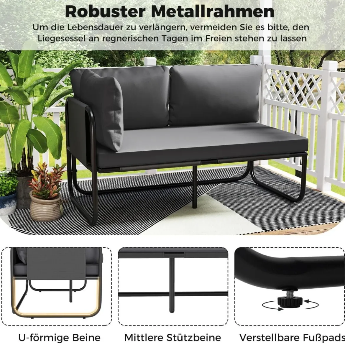 Garten Lounge Sofa Lounge Möbel Outdoor Gartensofa mit Kissen 2-Sitzer Gartenlounge Gartenmöbel Grau