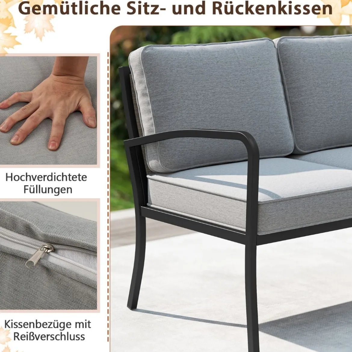 Gartenlounge 3-teilig Gartenmöbel Set Outdoor Lounge mit Tisch und Kissen Grau