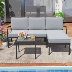 Gartenlounge 3-teilig Gartenmöbel Set Outdoor Lounge mit Tisch und Kissen Grau