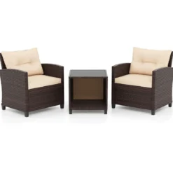 Gartenmöbel Set inkl. 2 Stühle mit Sitzkissen & Tisch Rattan Balkonmöbel Gartenlounge Sitzgruppe Set Braun