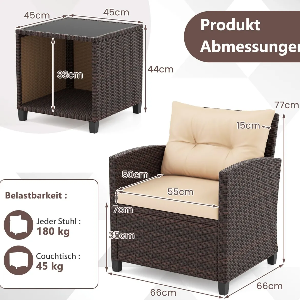Gartenmöbel Set inkl. 2 Stühle mit Sitzkissen & Tisch Rattan Balkonmöbel Gartenlounge Sitzgruppe Set Braun