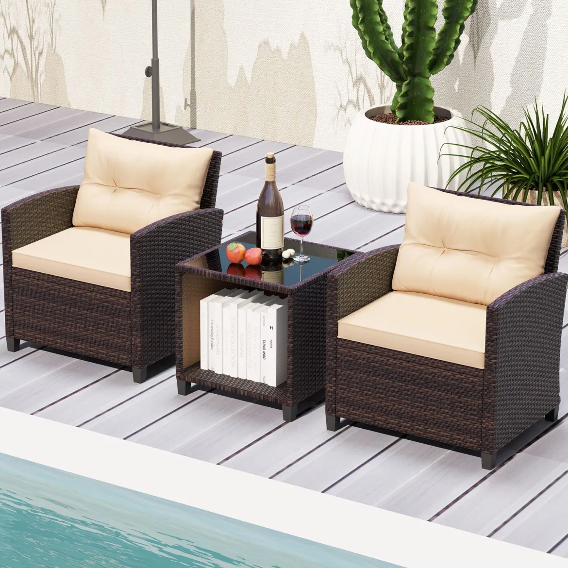 Gartenmöbel Set inkl. 2 Stühle mit Sitzkissen & Tisch Rattan Balkonmöbel Gartenlounge Sitzgruppe Set Braun