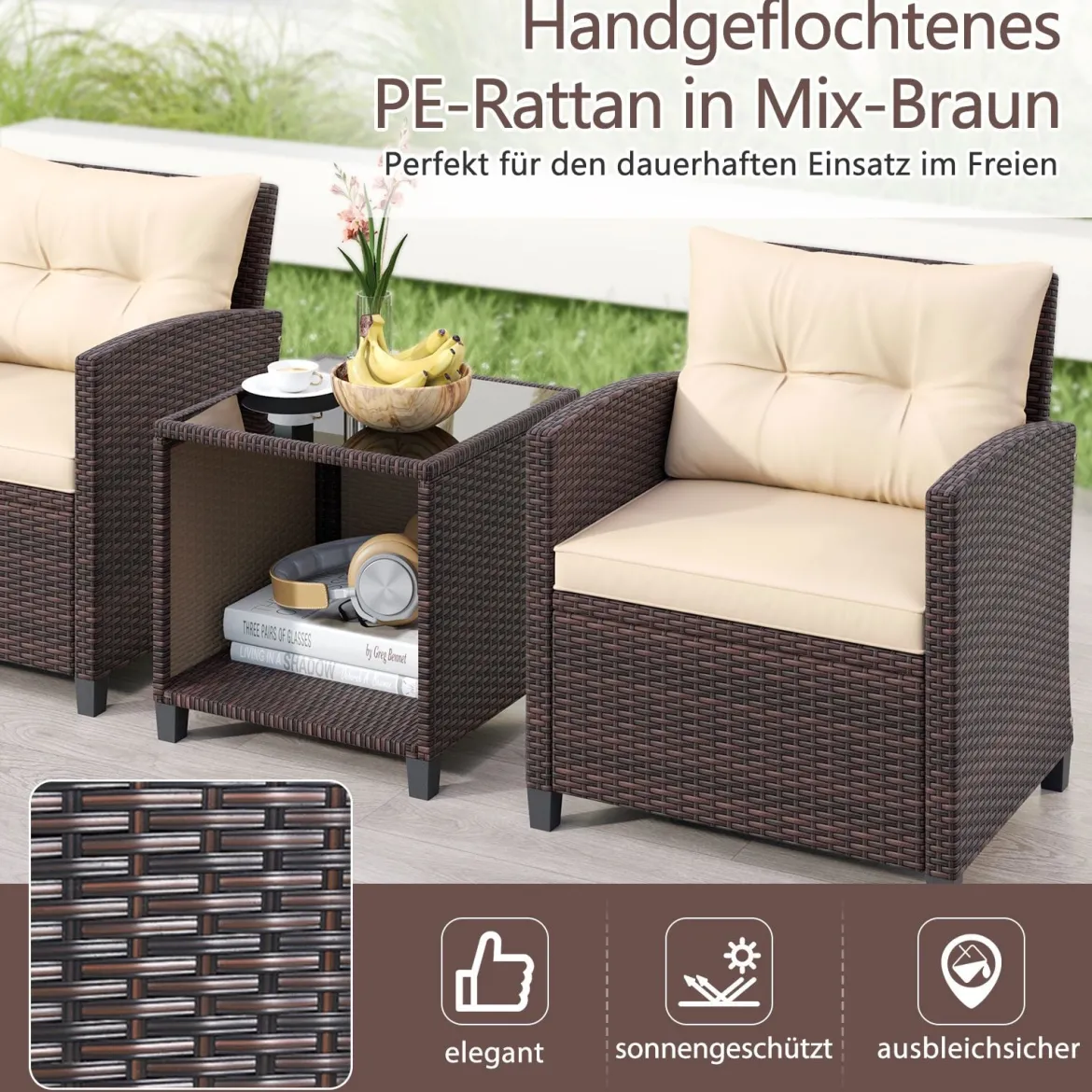 Gartenmöbel Set inkl. 2 Stühle mit Sitzkissen & Tisch Rattan Balkonmöbel Gartenlounge Sitzgruppe Set Braun