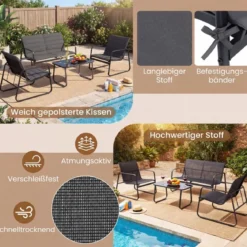 Gartenmöbel Set mit 2 Stühlen & Bank & Tisch & Kissen Outdoor Lounge Möbel Sitzgruppe Grau
