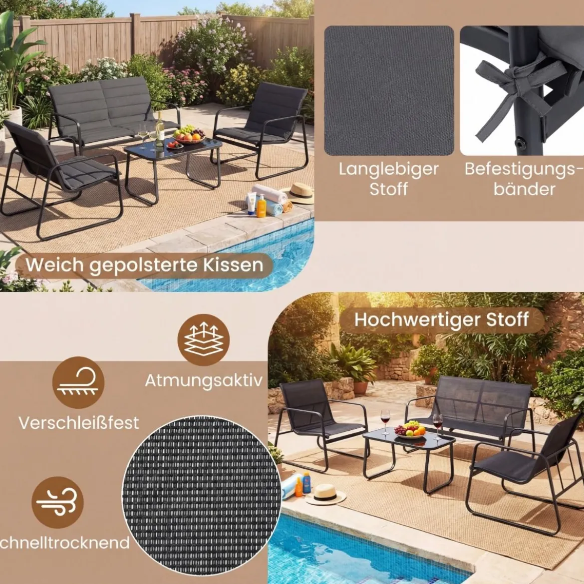 Gartenmöbel Set mit 2 Stühlen & Bank & Tisch & Kissen Outdoor Lounge Möbel Sitzgruppe Grau
