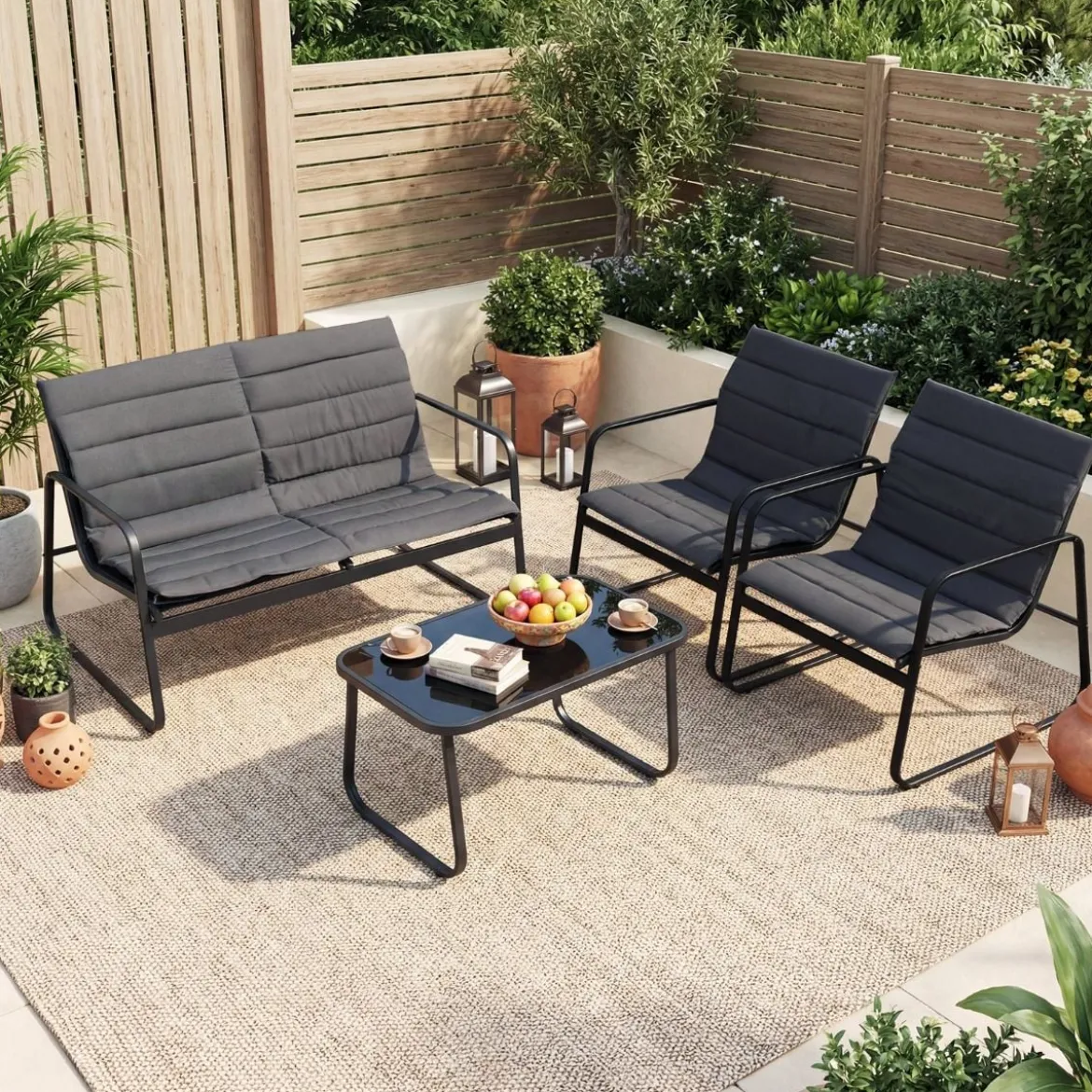 Gartenmöbel Set mit 2 Stühlen & Bank & Tisch & Kissen Outdoor Lounge Möbel Sitzgruppe Grau
