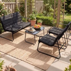Gartenmöbel Set mit 2 Stühlen & Bank & Tisch & Kissen Outdoor Lounge Möbel Sitzgruppe Grau